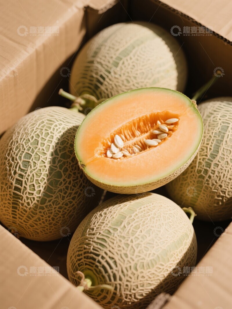 高清大图下载【趣麦麦图】一箱新鲜哈密瓜部分切开展示
