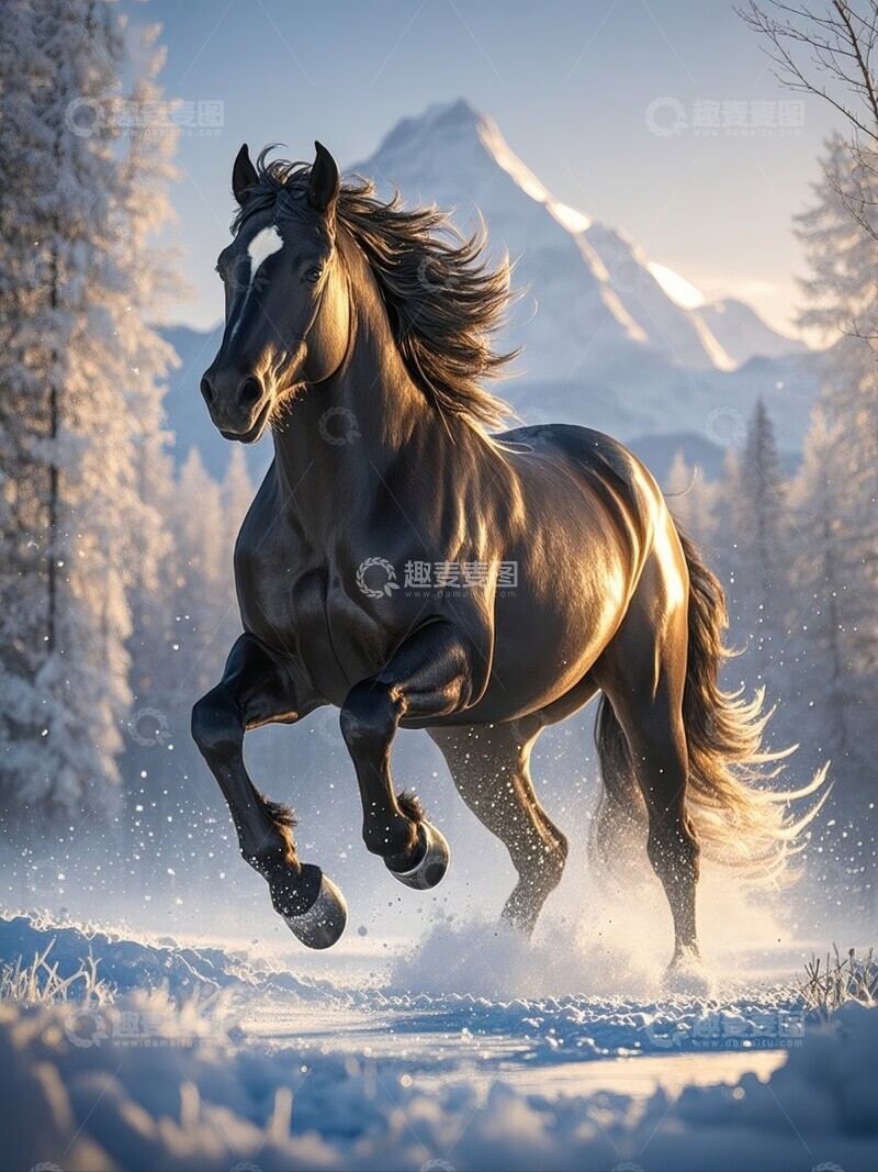 高清大图下载【趣麦麦图】黑骏马在雪地疾驰