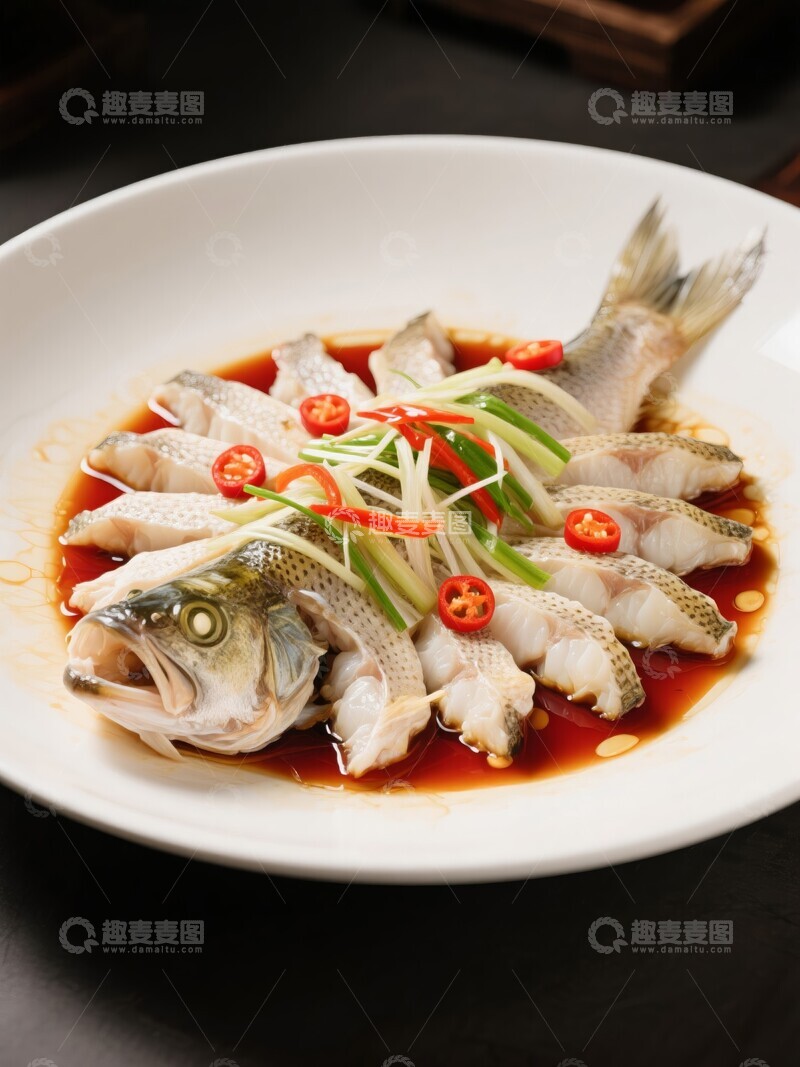 高清大图下载【趣麦麦图】蒸鲈鱼配葱姜红椒美食摄影