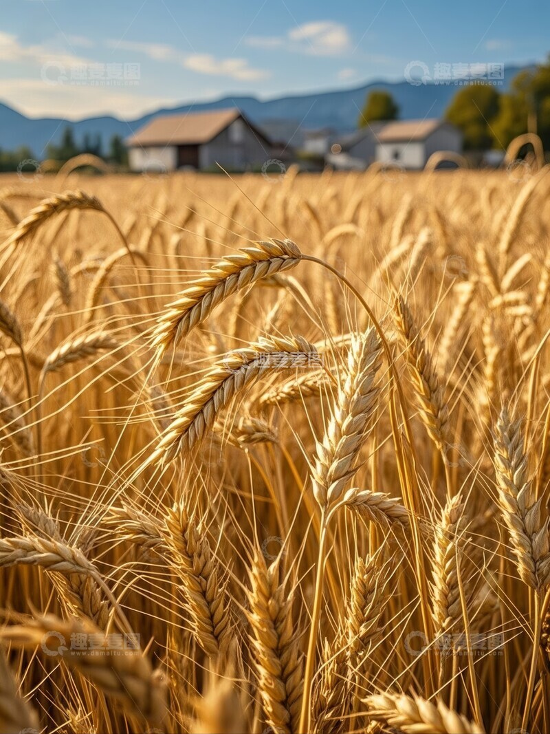高清大图下载【趣麦麦图】金黄麦田与远处农舍