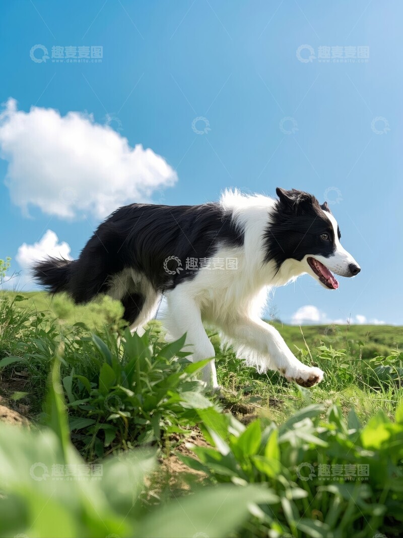 高清大图下载【趣麦麦图】黑白色边牧在草地上奔跑