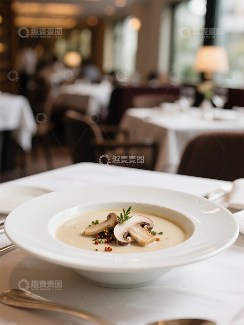 高清大图下载【趣麦麦图】奶油蘑菇汤配香草装饰