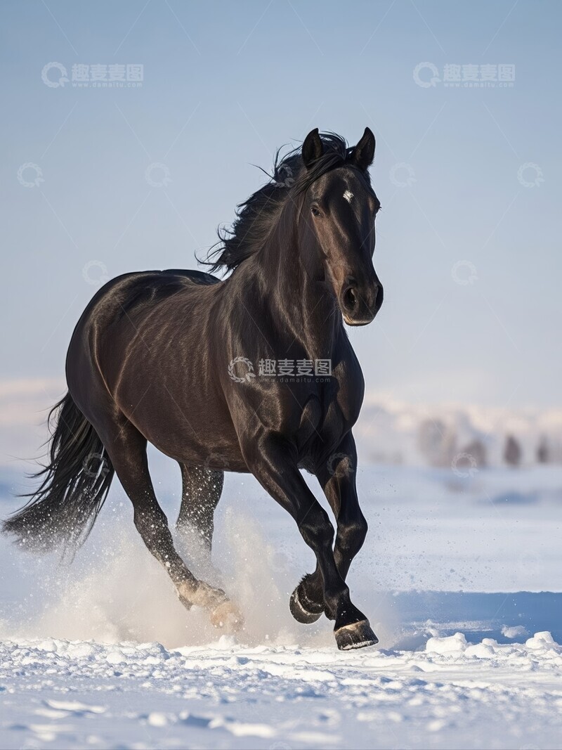 高清大图下载【趣麦麦图】雪地疾驰的黑色骏马