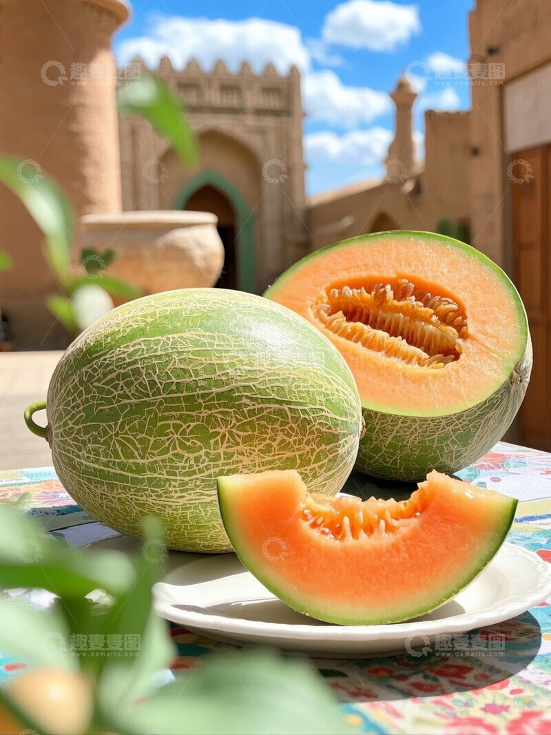 高清大图下载【趣麦麦图】新鲜哈密瓜，一半切开展示内部