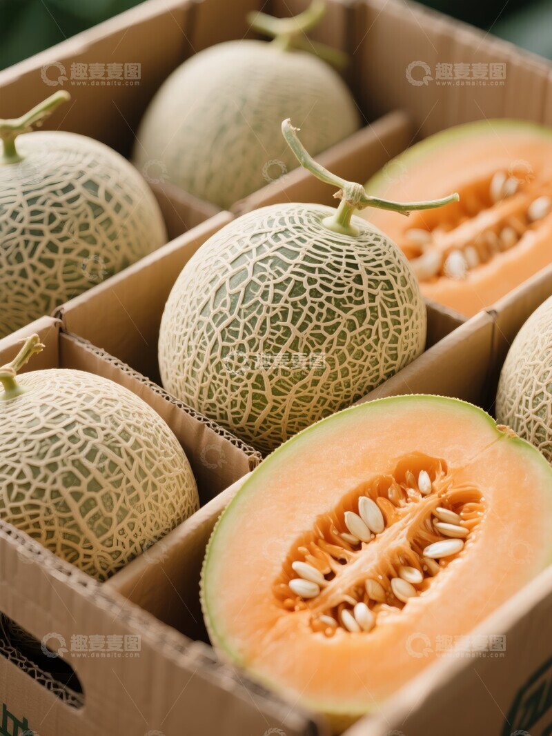 高清大图下载【趣麦麦图】新鲜哈密瓜一箱装，切开展示