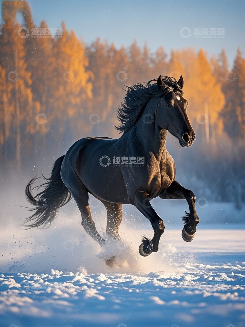 高清大图下载【趣麦麦图】黑色骏马在雪地上奔腾