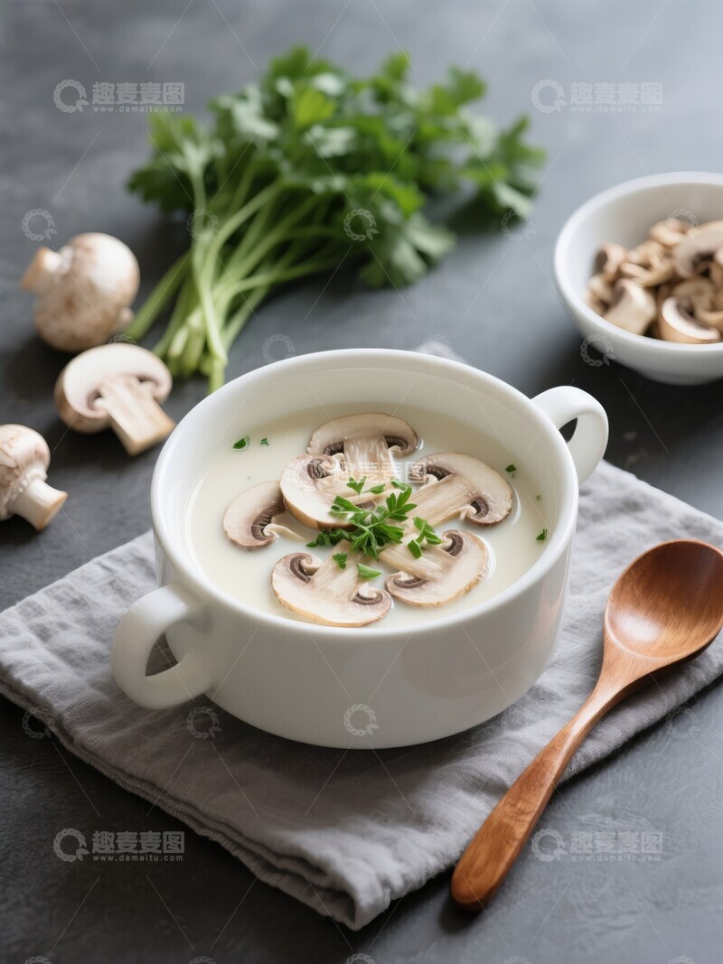 高清大图下载【趣麦麦图】-奶油蘑菇汤盛于白色瓷碗中美食摄影