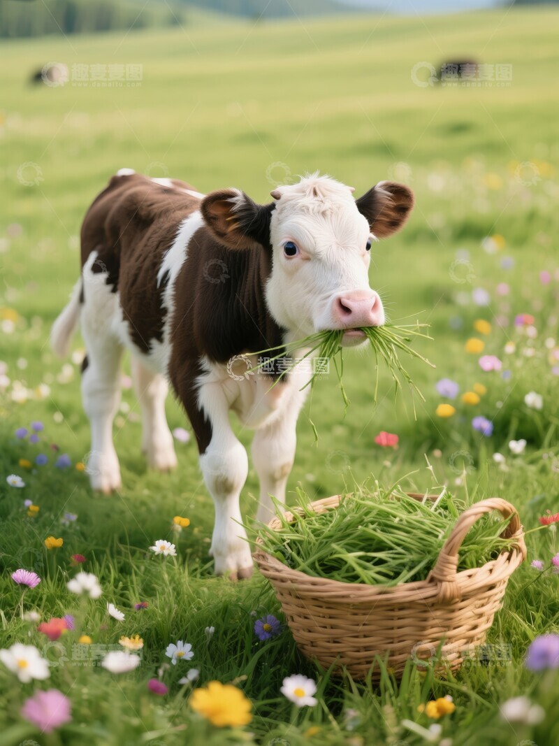 高清大图下载【趣麦麦图】小牛叼草，身旁篮装绿草