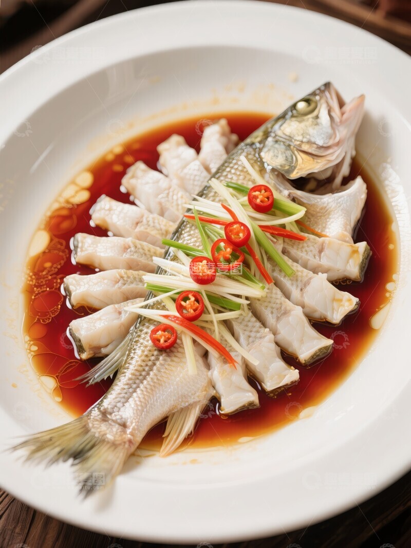 高清大图下载【趣麦麦图】清蒸鲈鱼配红辣椒和葱姜