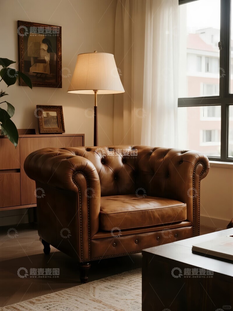 高清大图下载【趣麦麦图】棕色皮革扶手椅置于木质地板房间