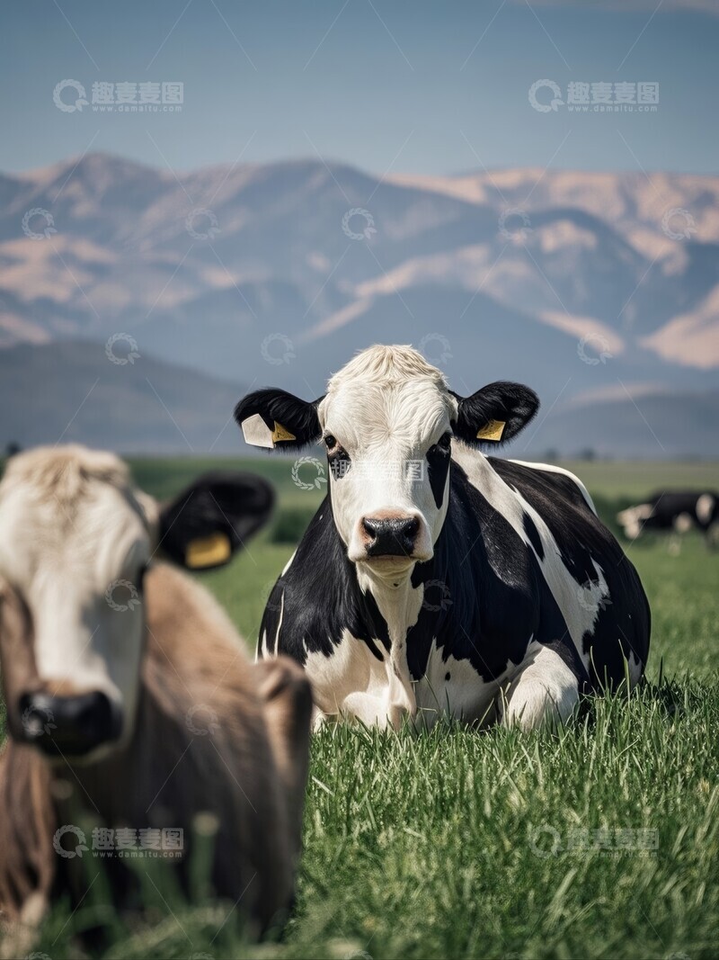 高清大图下载【趣麦麦图】雪山下牧场成片的黑白奶牛群