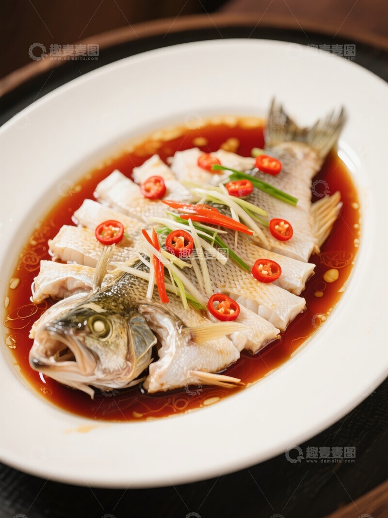 高清大图下载【趣麦麦图】清蒸鲈鱼配红辣椒和葱丝