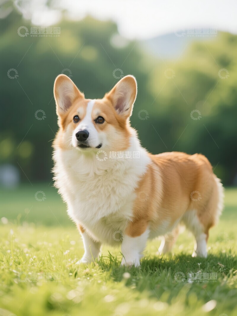 高清大图下载【趣麦麦图】草地上站立的柯基犬