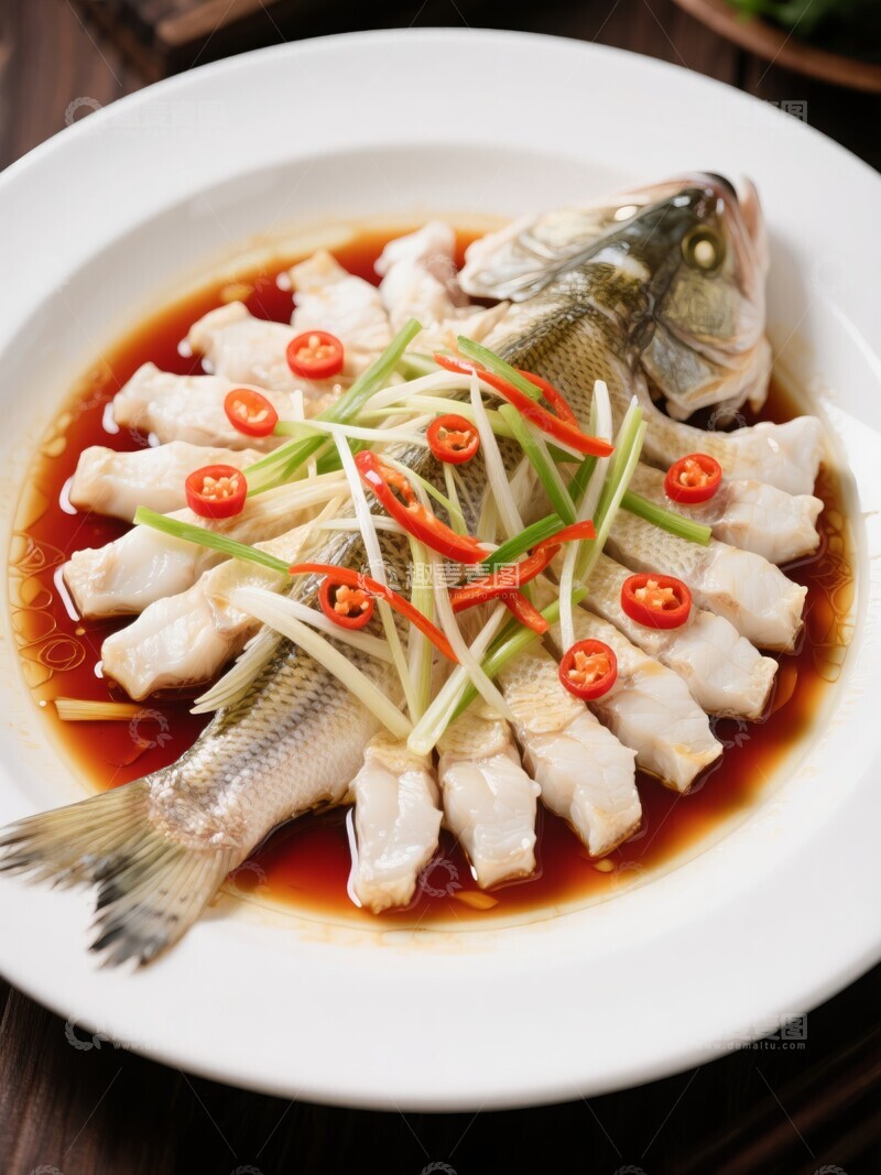 高清大图下载【趣麦麦图】清蒸鲈鱼配葱姜红椒