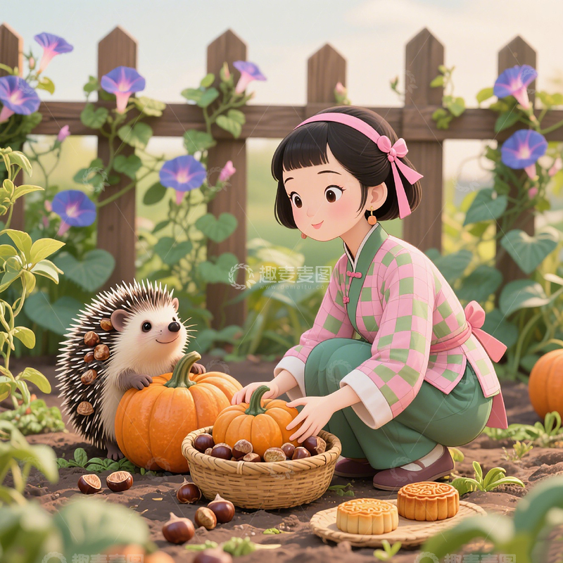 高清大图下载【趣麦麦图】秋收插画庭院里女子与刺猬一同收获南瓜板栗