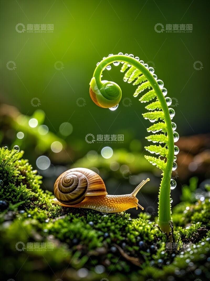 蜗牛与嫩蕨，自然共生之美