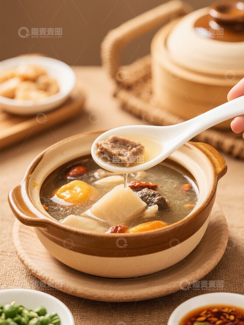 高清大图下载【趣麦麦图】热气腾腾的炖汤，勺子舀起美味