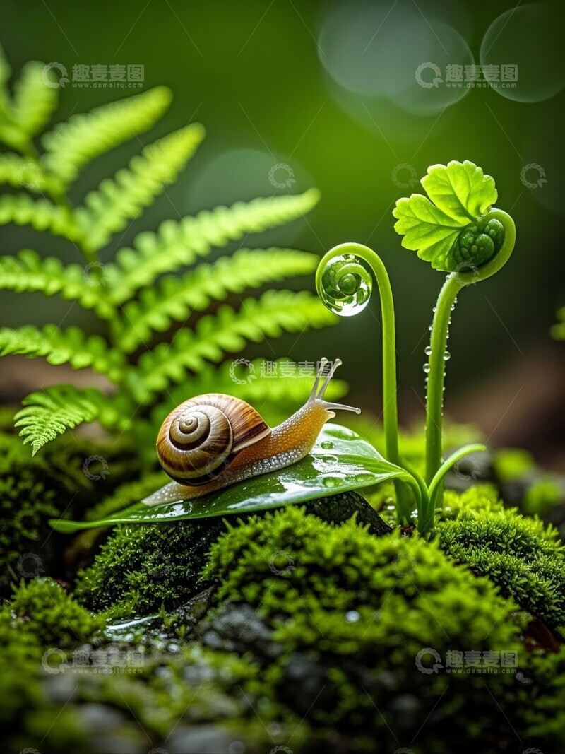 蜗牛栖息于苔藓之上，嫩叶卷曲滴水