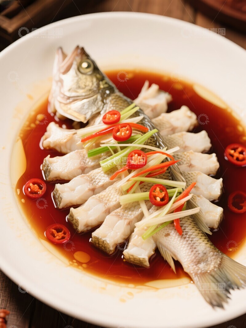 高清大图下载【趣麦麦图】清蒸鲈鱼配红油辣椒和葱姜