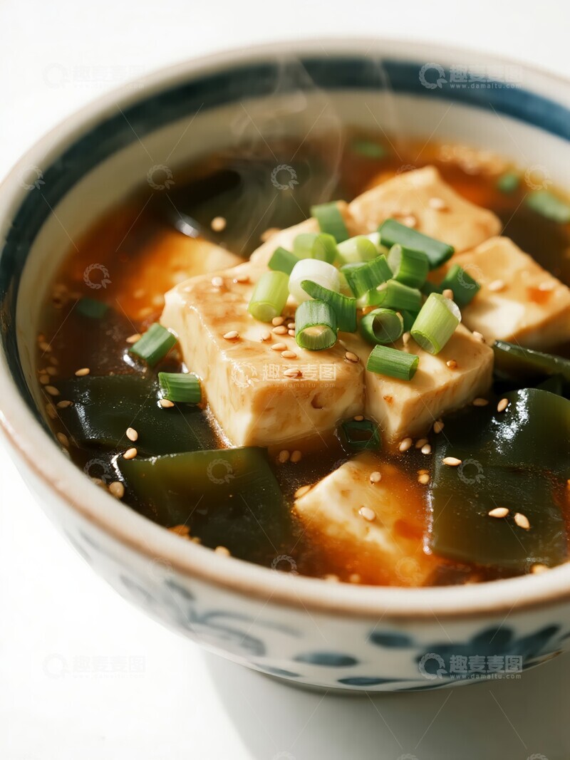 高清大图下载【趣麦麦图】日式味噌汤，配以豆腐和海带
