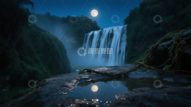 高清大图下载【趣麦麦图】夜间山间瀑布