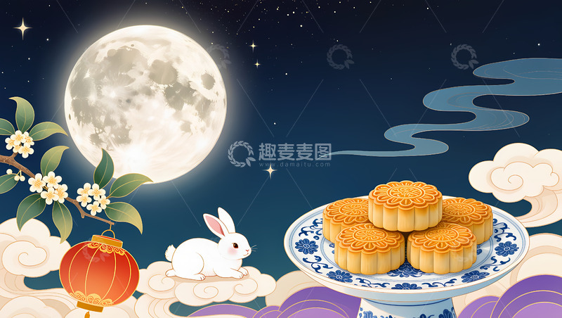 高清大图下载【趣麦麦图】创意卡通手绘AIGC中秋节插画背景
