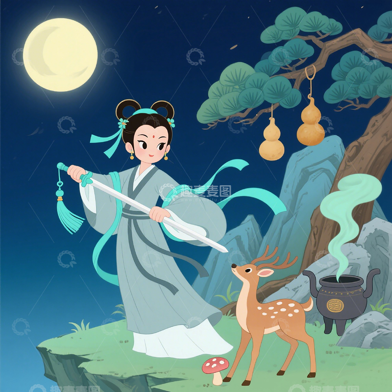 高清大图下载【趣麦麦图】中秋插画月光下女子在山间练剑小鹿相伴