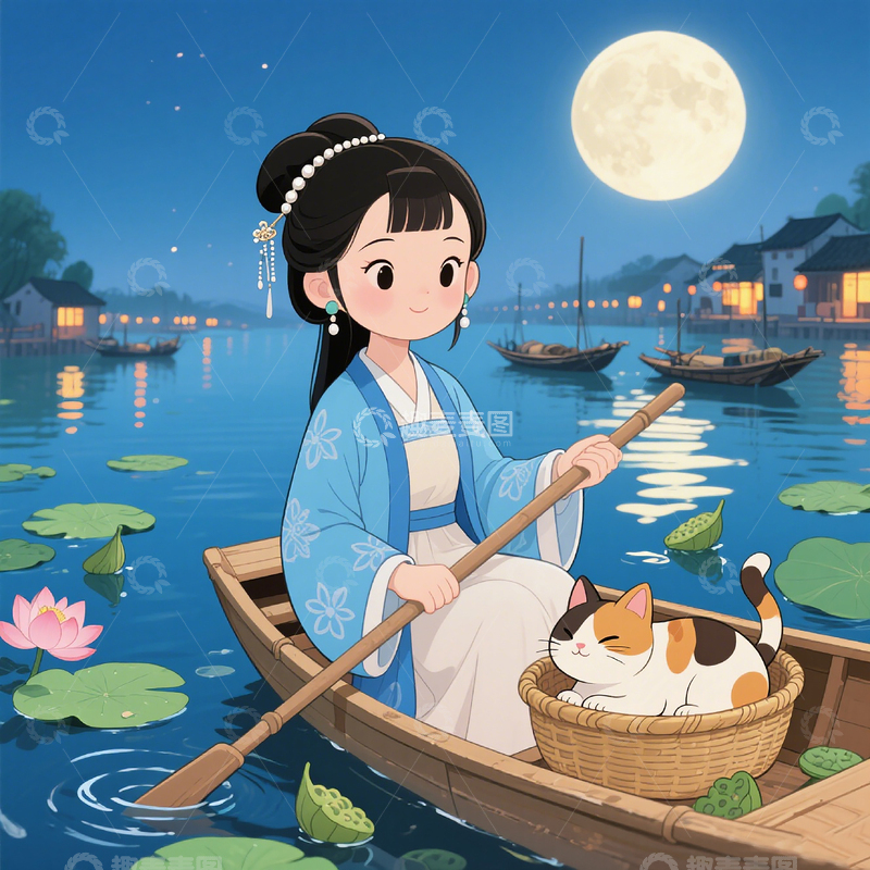 高清大图下载【趣麦麦图】中秋插画月夜下女子在满是荷花的水面划船