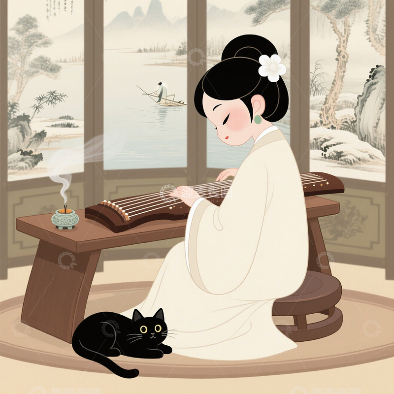 高清大图下载【趣麦麦图】古风插画女子于室内伴着焚香专注弹奏古琴