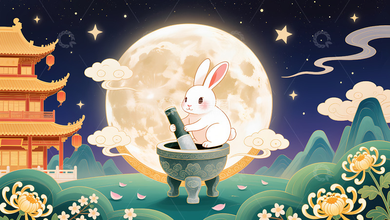 高清大图下载【趣麦麦图】创意卡通手绘AIGC中秋节插画背景