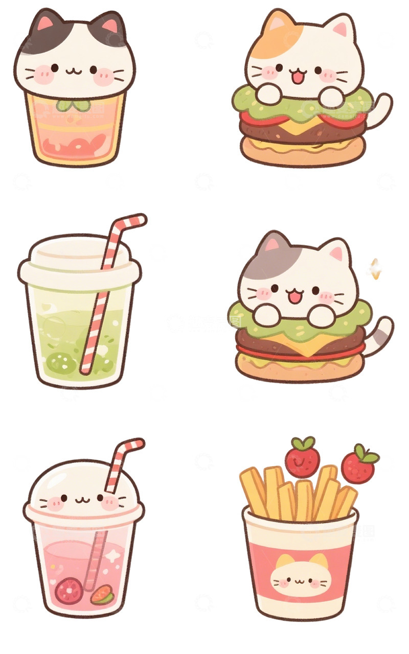 高清大图下载【趣麦麦图】可爱猫咪美食饮品插画素材