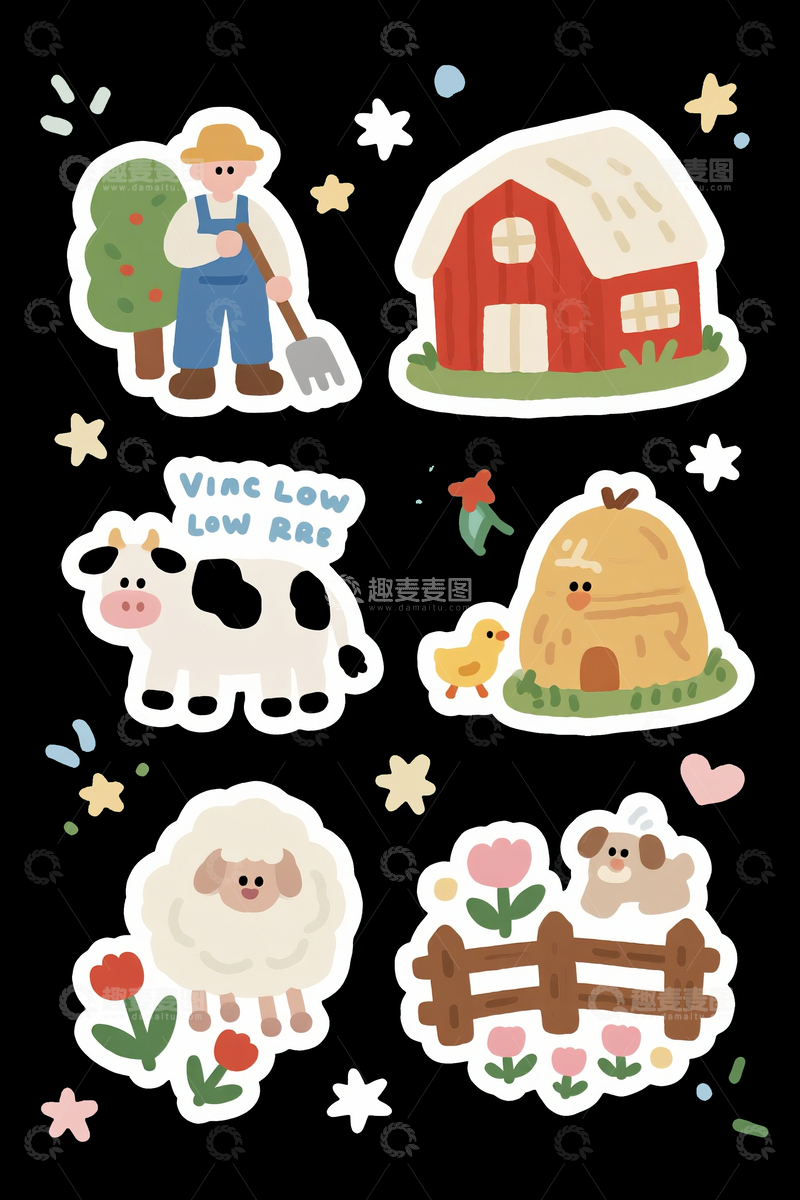 源文件下载【趣麦麦图】奶牛牧场卡通贴纸