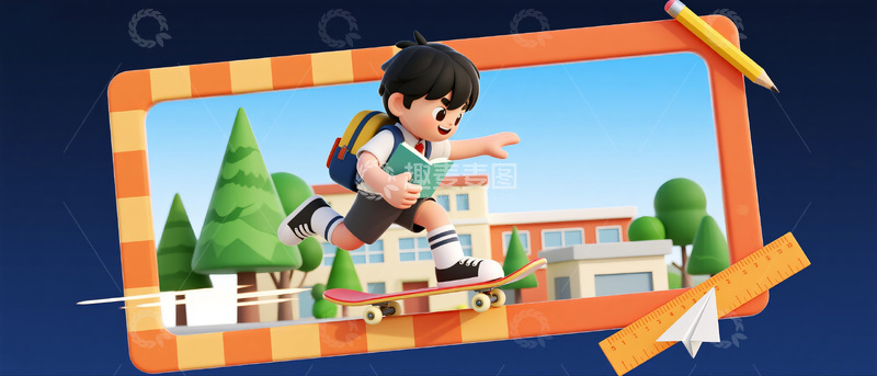 高清大图下载【趣麦麦图】滑板上学的活力少年