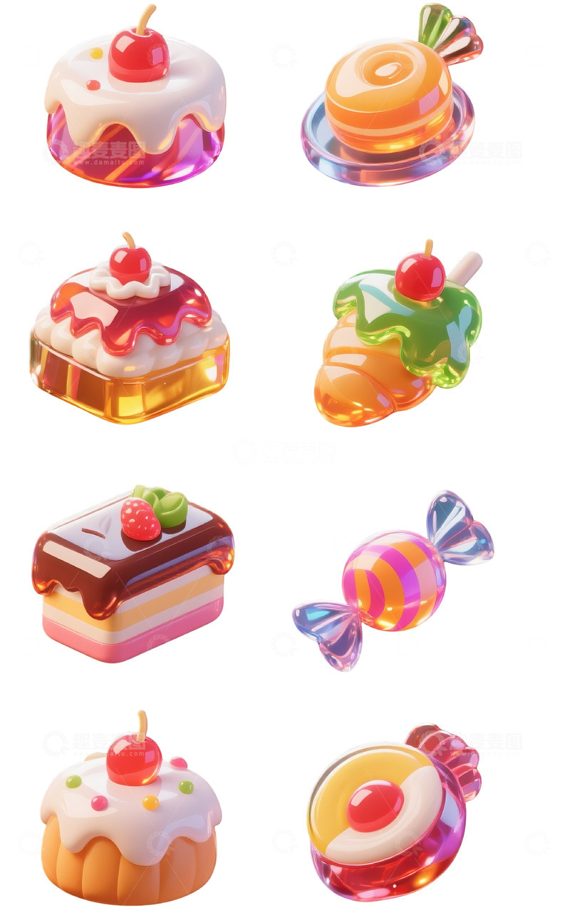 高清大图下载【趣麦麦图】3D透明质感甜点糖果素材