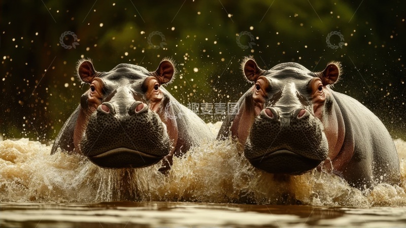 高清大图下载【趣麦麦图】河里行走的两只河马
