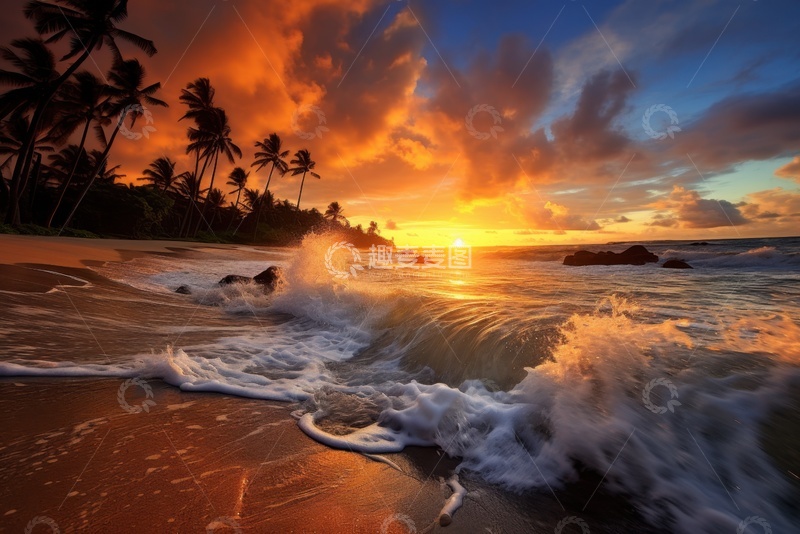 高清大图下载【趣麦麦图】夕阳海浪自然风景