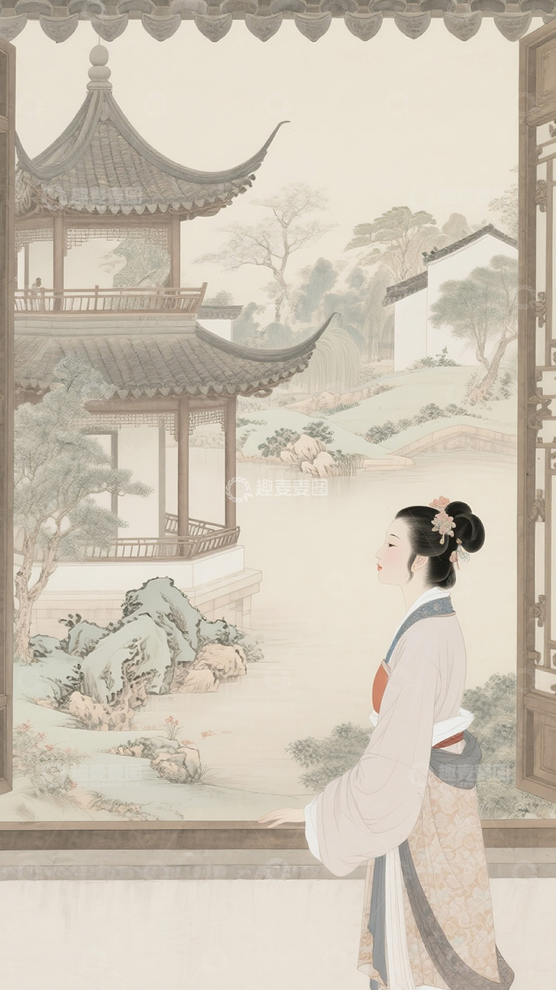 高清大图下载【趣麦麦图】古风山水园林美人图24