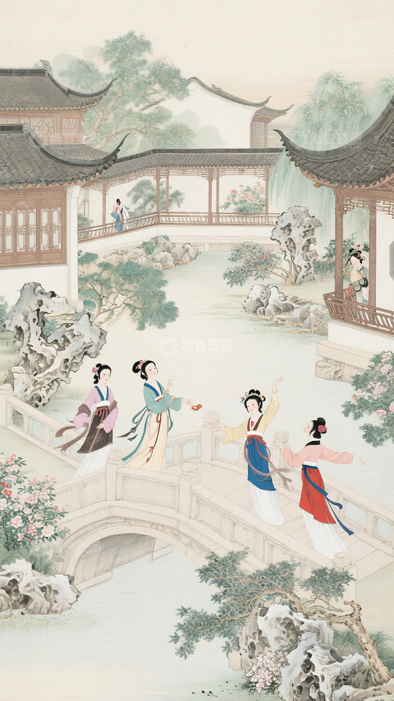 高清大图下载【趣麦麦图】古风山水园林美人图10
