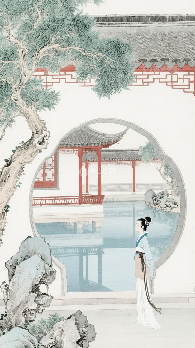 高清大图下载【趣麦麦图】古风山水园林美人图25
