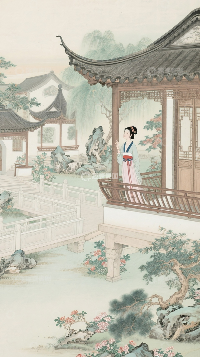 高清大图下载【趣麦麦图】古风山水园林美人图4