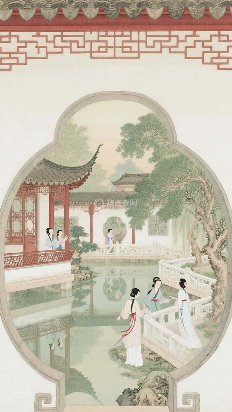 高清大图下载【趣麦麦图】古风山水园林美人图11