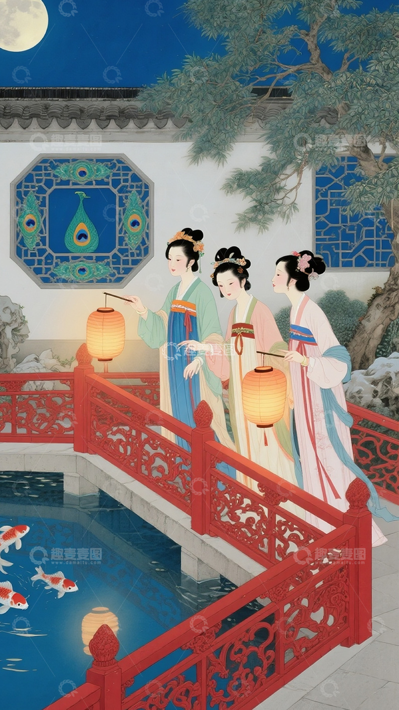 高清大图下载【趣麦麦图】古风山水园林美人图30