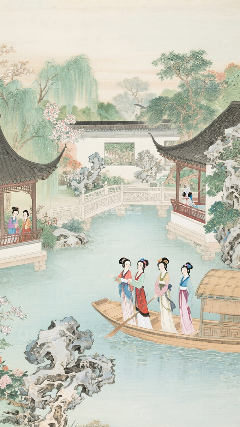 高清大图下载【趣麦麦图】古风山水园林美人图13