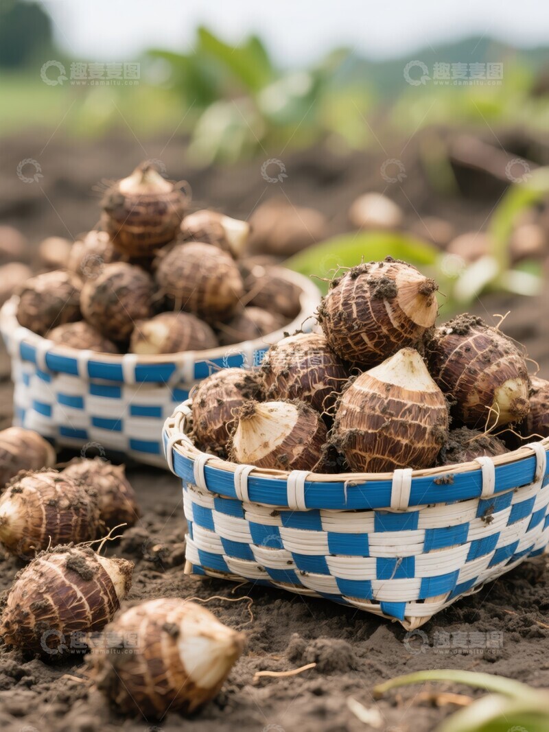 高清大图下载【趣麦麦图】新鲜芋头装在蓝白篮子中