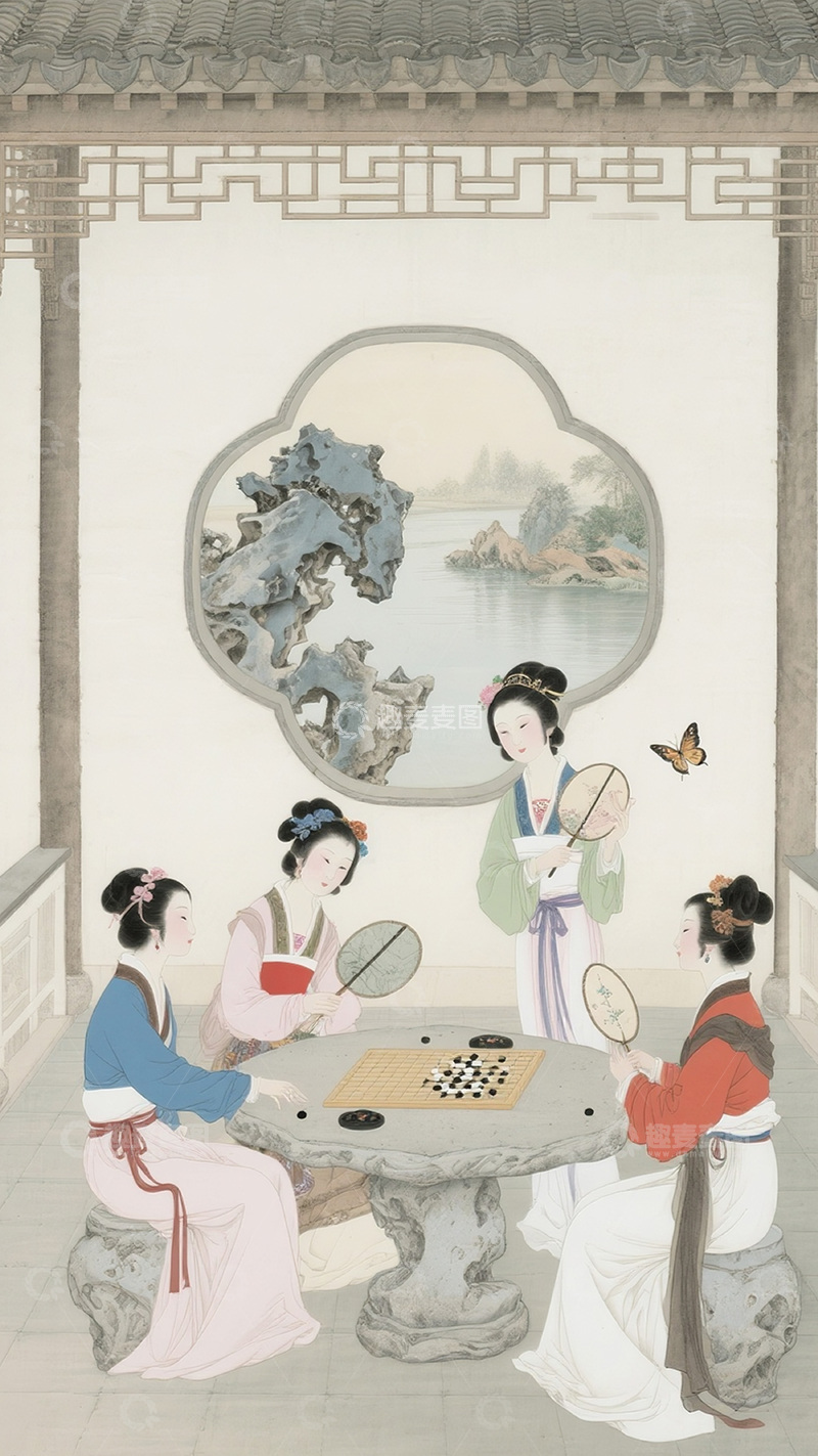 高清大图下载【趣麦麦图】古风山水园林美人图31