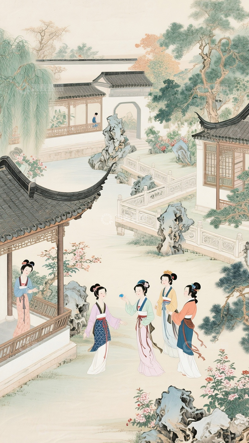 高清大图下载【趣麦麦图】古风山水园林美人图6