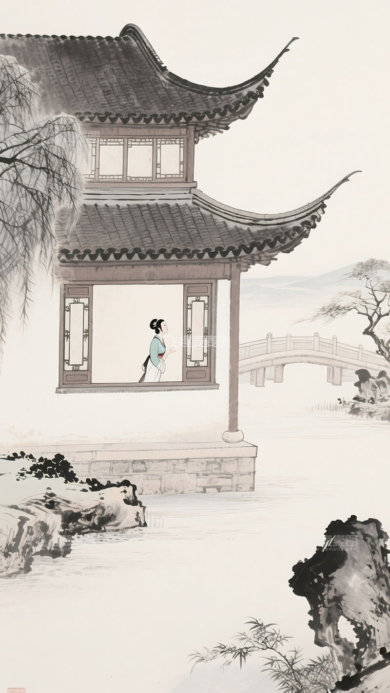 高清大图下载【趣麦麦图】古风山水园林美人图21