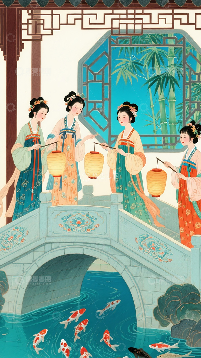 高清大图下载【趣麦麦图】古风山水园林美人图28