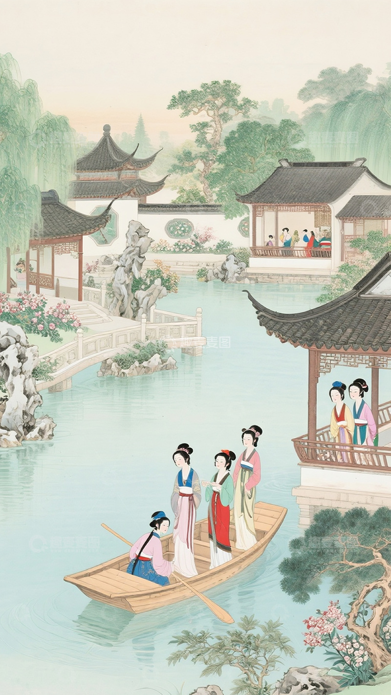 高清大图下载【趣麦麦图】古风山水园林美人图12