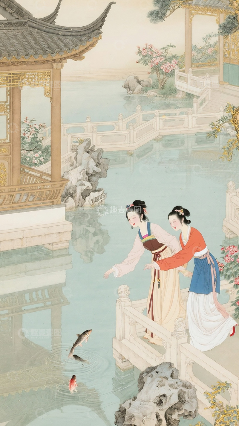 高清大图下载【趣麦麦图】古风山水园林美人图14
